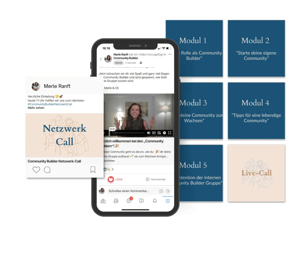 Handy-Mockup des Community Builders mit Tools für Gruppenerstellung und Management.